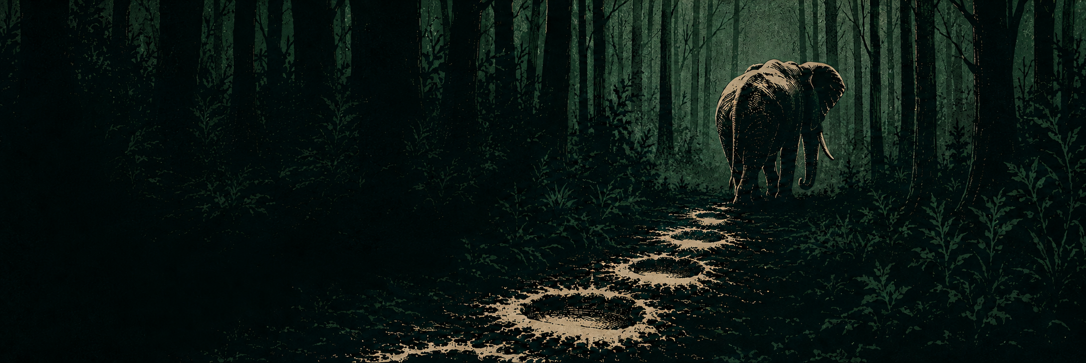 A lone elephant walking through a dark forest